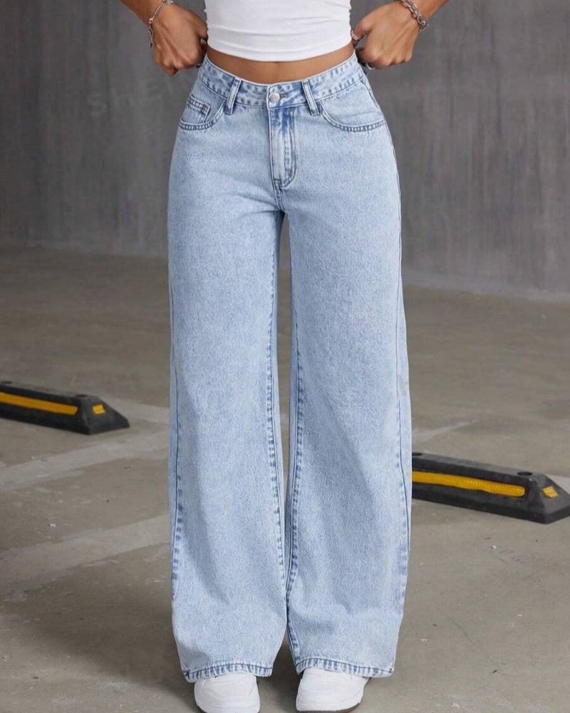 Lässige Verwaschene Jeans mit Weitem Bein und Bestickter Schleifentasche Passend zu Allen Outfits