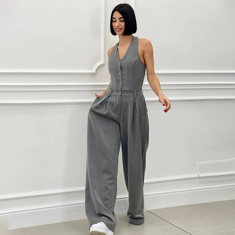 Andrea | Ärmelloser Damen-Jumpsuit mit Knopfleiste vorne