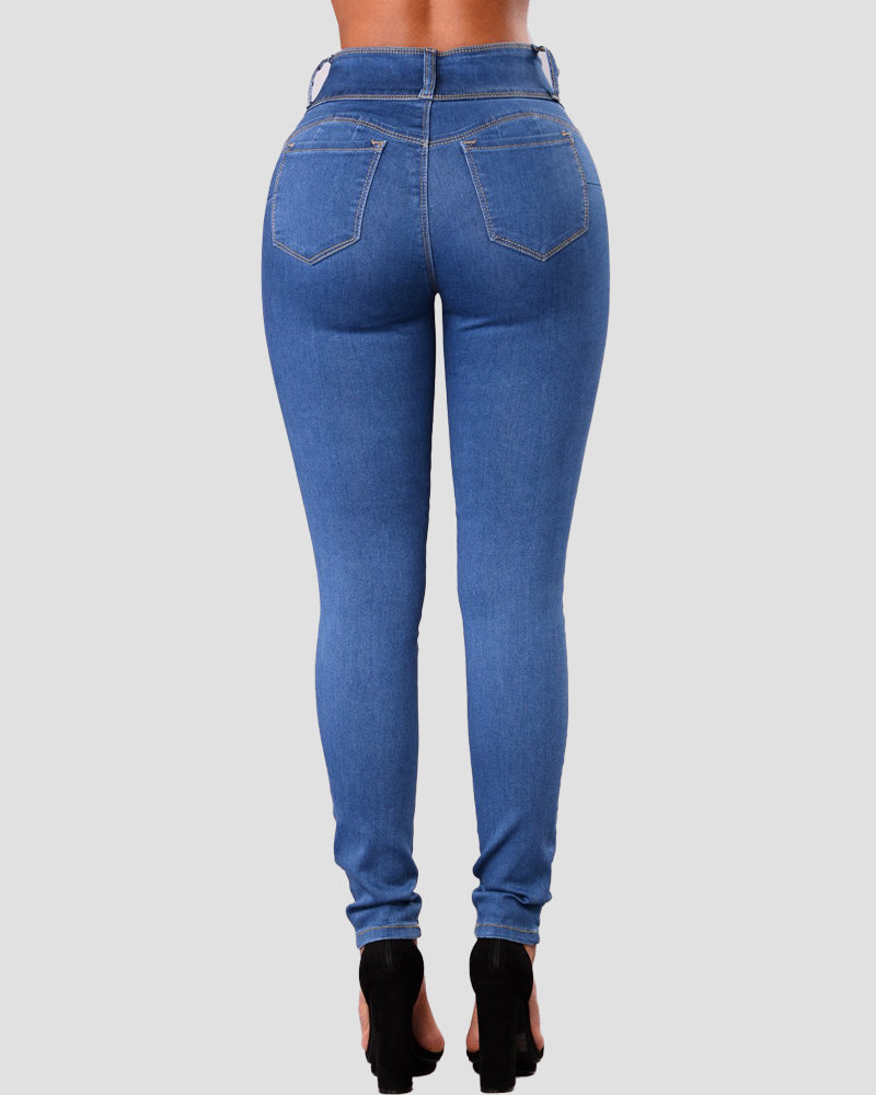 Damen Skinny Jeans mit Mittlerer Taille und Hoher Stretch Hose mit Mehreren Knöpfen